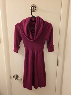 Ribbed Cowl Neck Sweater Dress in Berry